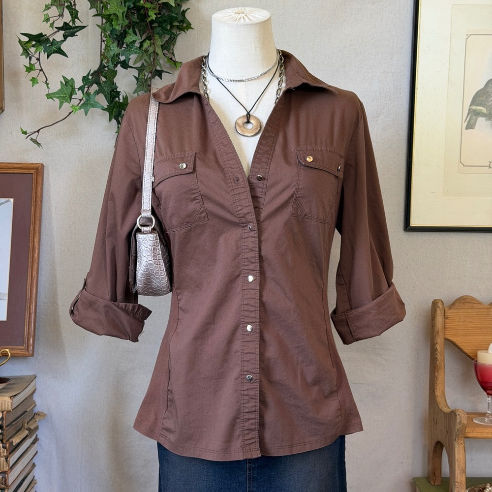 Brown Ribbed Side Button Up Shirt Indie Sleaze Minimalist Y2K M Twilightcore